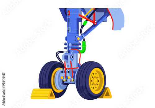 Detailed illustration of an airplane's front landing gear assembly with wheels and chocks