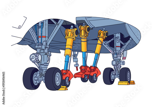 Detailed illustration of airplane landing gear assembly with wheels and struts