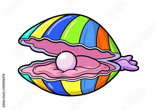 Colorful cartoon seashell with a single pearl inside, isolated on white
