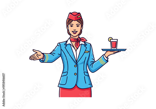 Friendly flight attendant in uniform offering a drink on a tray with a smile