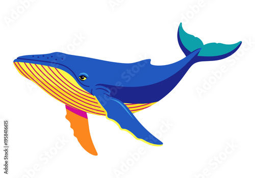Vibrant blue whale illustration with colorful fins and yellow striped throat