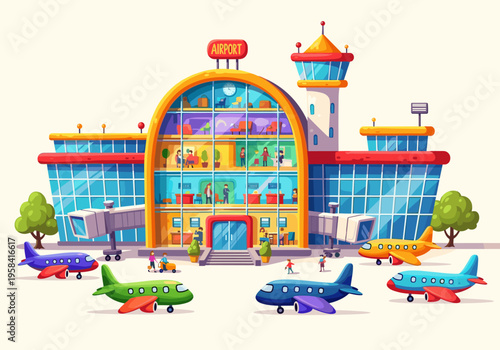 Vibrant cartoon airport terminal with airplanes and control tower illustration