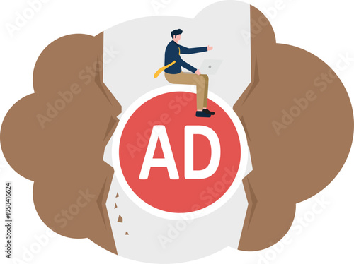 Professional man sitting on an AD symbol bridging a mountain gap while working on a laptop