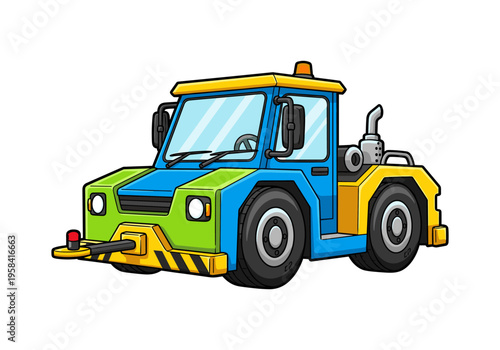 Cartoon tow truck with blue, green, and yellow colors on a white background