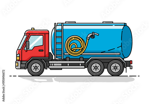 Red and blue tanker truck with coiled hose and nozzle on white background