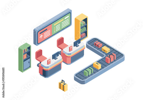 Isometric airport check-in counters with luggage and flight information display