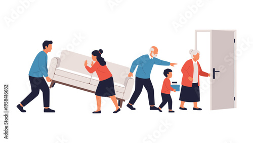Family Move: A family united in moving day, carrying sofa toward an open doorway. A scene of togetherness and new beginnings