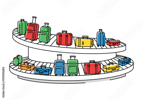 Colorful luggage moving on airport baggage claim conveyor belts