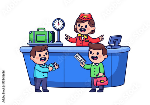 Cute cartoon airline check-in counter with passengers and flight attendant