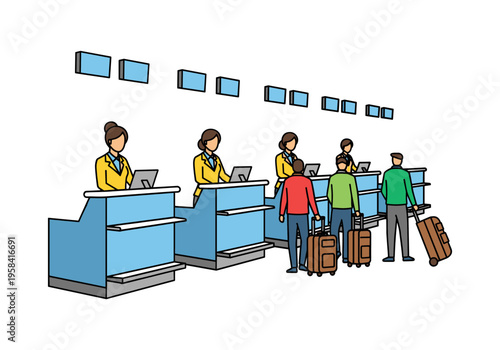 Airport check-in counters with passengers and airline staff assisting travelers with luggage