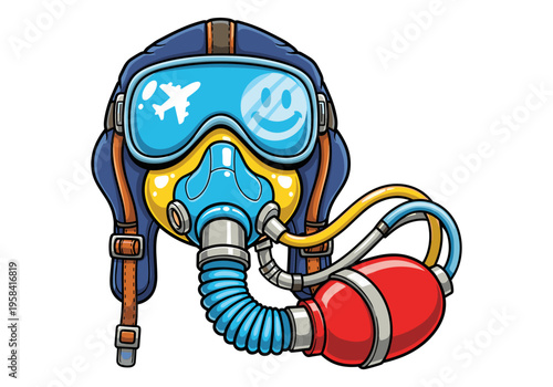 Cartoon pilot oxygen mask with happy face reflected in goggles