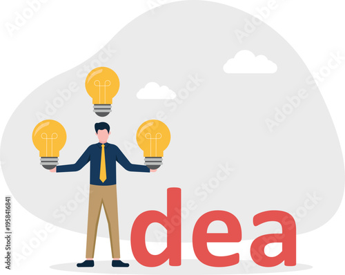 Professional man holding a large IDEA word with lightbulbs and gold coins representing value