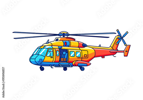Colorful cartoon helicopter with open door and visible seats, ready for flight