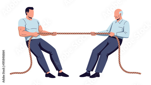 Tug-of-War Struggle: A metaphorical representation of a contest, two men engage in a fierce tug-of-war, symbolizing a struggle of opposing forces and the effort required to gain an advantage.