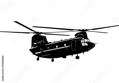 Silhouette of a heavy-lift tandem rotor helicopter in flight against a white background