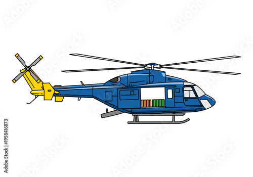Blue and yellow helicopter with cargo visible inside its open compartment