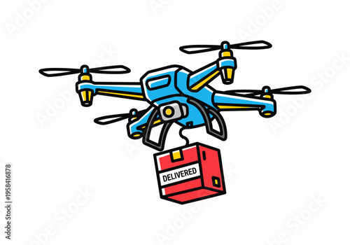 Modern drone delivering a red package with the word delivered written on it
