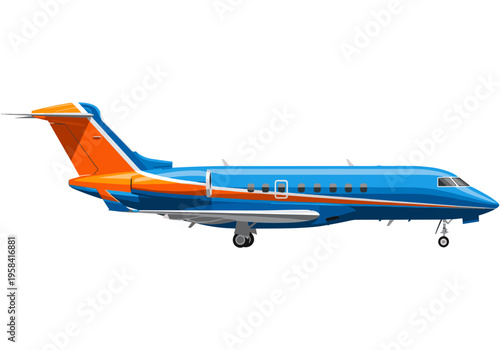 Sleek blue and orange private jet aircraft in flight, isolated on white background
