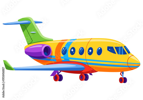 Colorful cartoon private jet airplane with vibrant stripes and windows