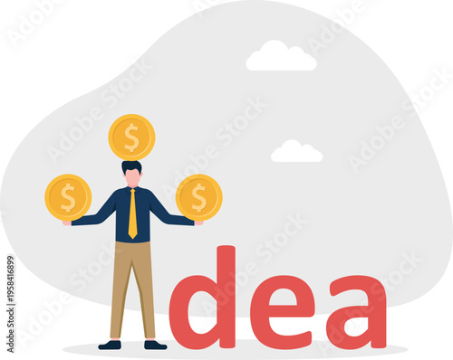 Businessman holding a large IDEA word with multiple gold coins representing monetized innovation