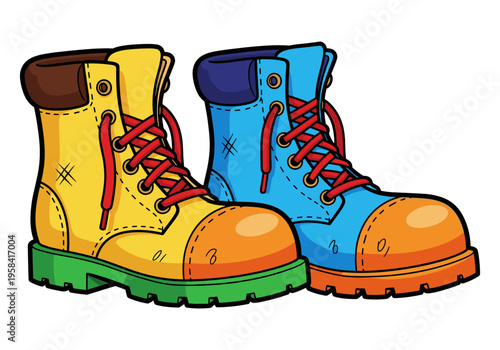Brightly colored cartoon hiking boots with red laces and contrasting soles