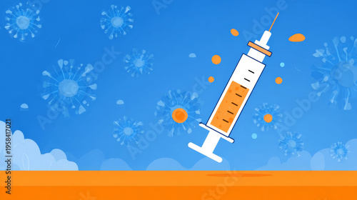 Immunization vaccination syringe virus background medical health injection protection prevention healthcare concept with blue orange flat design illustrating safety immunity disease control awareness