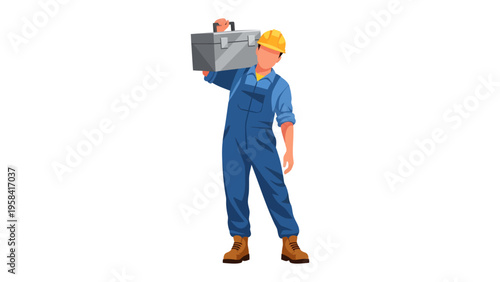 The Craftsman's Journey: A skilled construction worker, equipped with a toolbox, embarks on a new task, his stance exudes competence. A symbol of labor, dedicated to excellence.