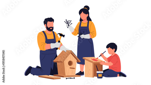 Family crafting birdhouse illustration: A family gathers together to construct a wooden birdhouse, engaging in a joyful activity of creation.