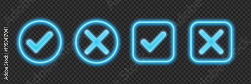 Glowing neon check and cross icons set. Tick and cross symbols to select correct or wrong options from the list. Vector illustration.