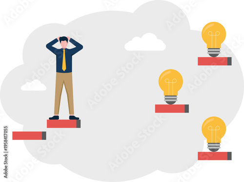 Businessman standing on a platform with floating lightbulbs representing a search for creative ideas
