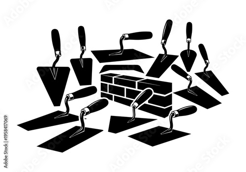 Collection of bricklaying trowels and brick wall elements on white background