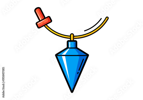 Blue plumb bob tool with red handle hanging on a yellow string