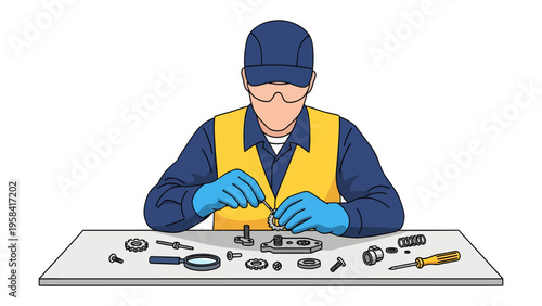 Precision Assembly: A focused mechanic meticulously assembling machinery components on a workbench, demonstrating skill and attention to detail.