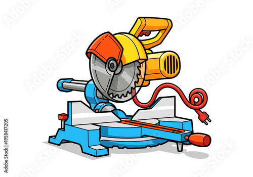 Cartoon miter saw with bright blue and orange colors on a white background