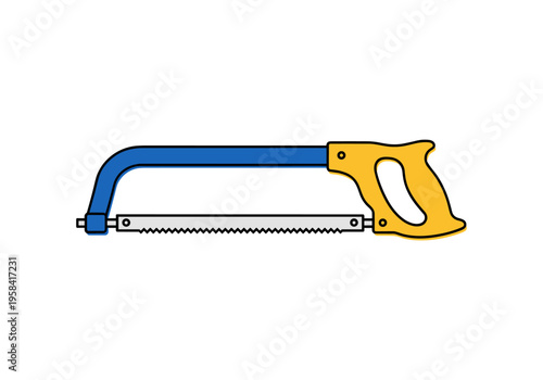 Blue and yellow hacksaw tool with sharp metal blade for cutting