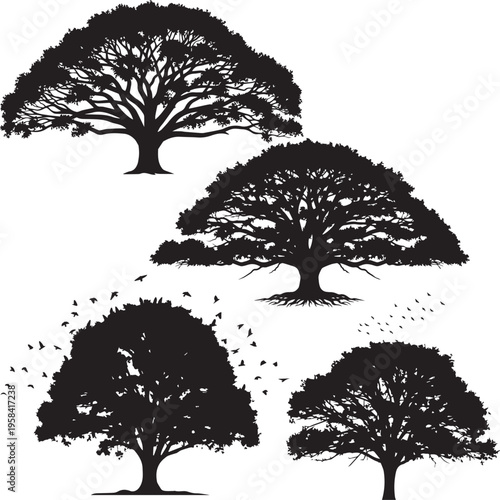 Set of tree silhouettes in vector style showing different types of trees with branches and leaves in a natural design.