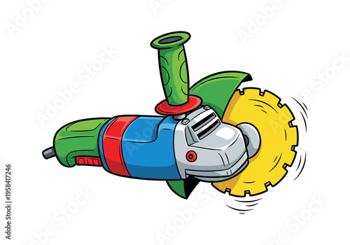 Cartoon angle grinder with spinning yellow disc on white background