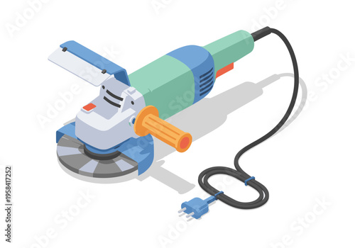 Modern angle grinder with safety guard and power cord on white background