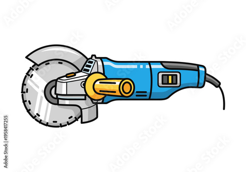 Blue angle grinder with metal cutting disc and yellow handle on white background