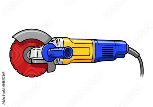 Brightly colored angle grinder with a red cutting disc and blue handle