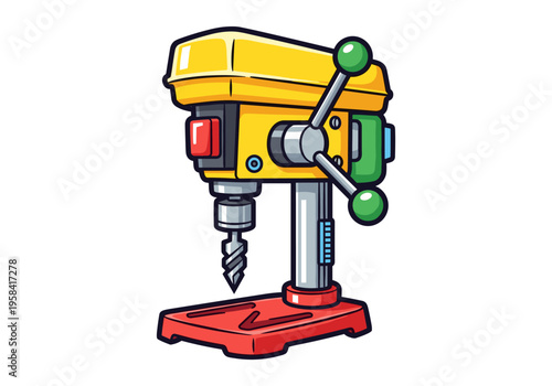 Cartoon drill press machine with a sharp bit ready for use