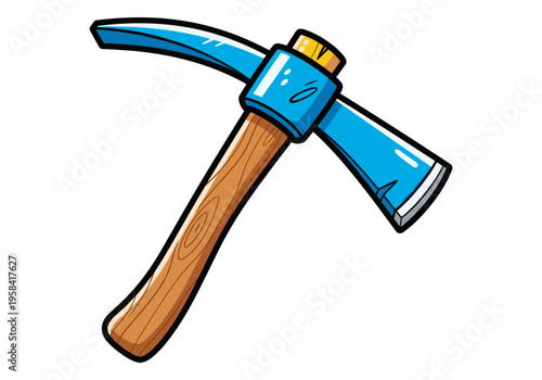 Cartoon pickaxe with blue metal head and wooden handle on white background