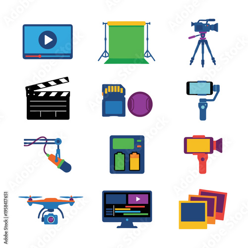 A comprehensive set of flat vector icons depicting video production