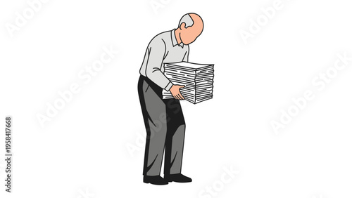 Burdened: Depicting a person burdened by the weight of numerous papers, showcasing an individual struggling under a heavy load of responsibility or work.