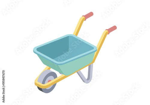 Modern isometric wheelbarrow with teal basin and yellow handles on white background