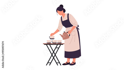 Tea Ceremony: A woman gracefully pours tea into cups, embodying the serenity and ritual of a traditional tea ceremony.