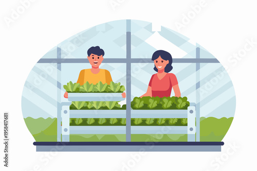 Couple tending to healthy lettuce plants inside a modern greenhouse structure