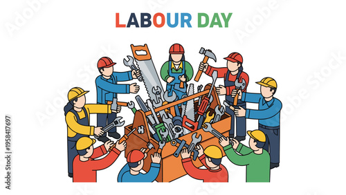 Labor Day illustration: Depicting a diverse group of workers, this image captures the essence of labor day with tools, and teamwork, celebrating dedication and achievements.