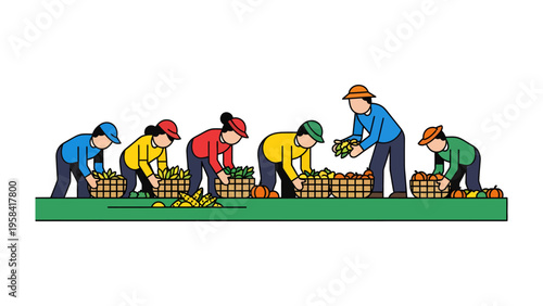 Harvest Harmony: A vibrant illustration captures the spirit of community as a team collaborates in the bountiful harvest season. It portrays the value of togetherness. 