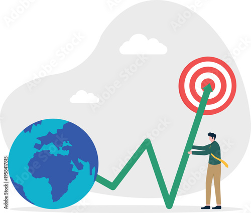 Professional man looking at a target with a globe at the start of a zigzag global growth graph